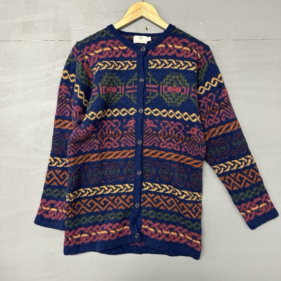 PITLOCHRY VTG Scotland Stunning Colorful Chunky Wool Cardigan Fair Isle L - Picture 2 of 4